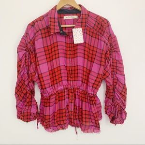 Free People Plaid Ruched Button Down Shirt